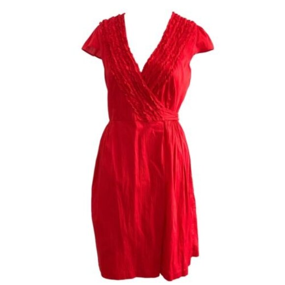 Calvin Klein Wrap Dress Red V-neck Ruffle Detail Cap Sleeve 6 - Picture 1 of 12